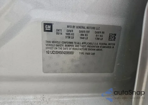 2014 Chevrolet Sonic Lt z USA, uszkodzony, nr VIN 1G1JC5SH5E4208959